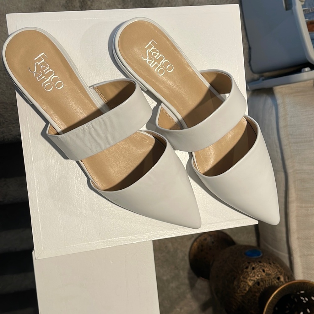 Franco Sarto size 11 flat slides, mules, slip ons, white